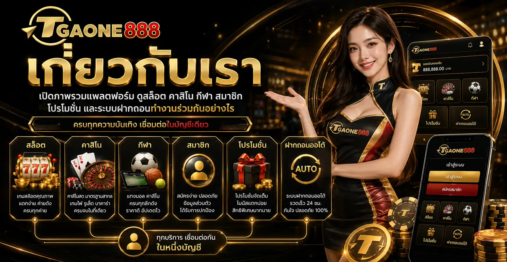 เกี่ยวกับเรา tgaone888 เปิดภาพรวมแพลตฟอร์ม ดูสล็อต คาสิโน กีฬา สมาชิก โปรโมชั่น และระบบฝากถอนทำงานร่วมกันอย่างไร